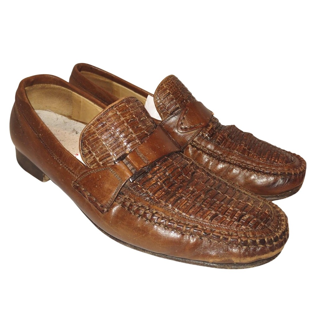 Johnston & Murphy Mens Brown Woven Leather Penny Loafers Handmade in Italy 9 M